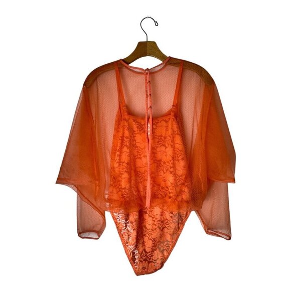 HAH Hot As Hell Bodysuit Women Medium Orange Sheer Lace Mesh Mama Jen - Picture 4 of 12